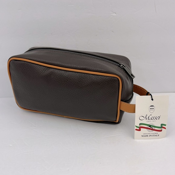 MASSEI, GENUINE LEATHER, MADE IN ITALY, MEN’S TOILETRY BAG,HAND MADE BROWN & TAN - Picture 2 of 16